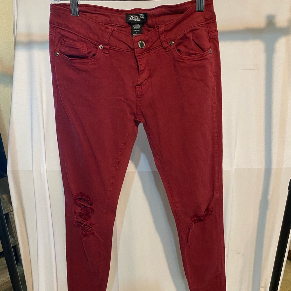 distressed red jeans pants denim